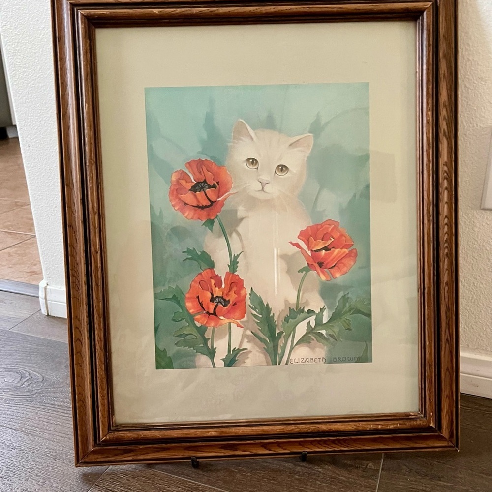 Vintage 1980 Elizabeth Brownd cat print 19/23 inch